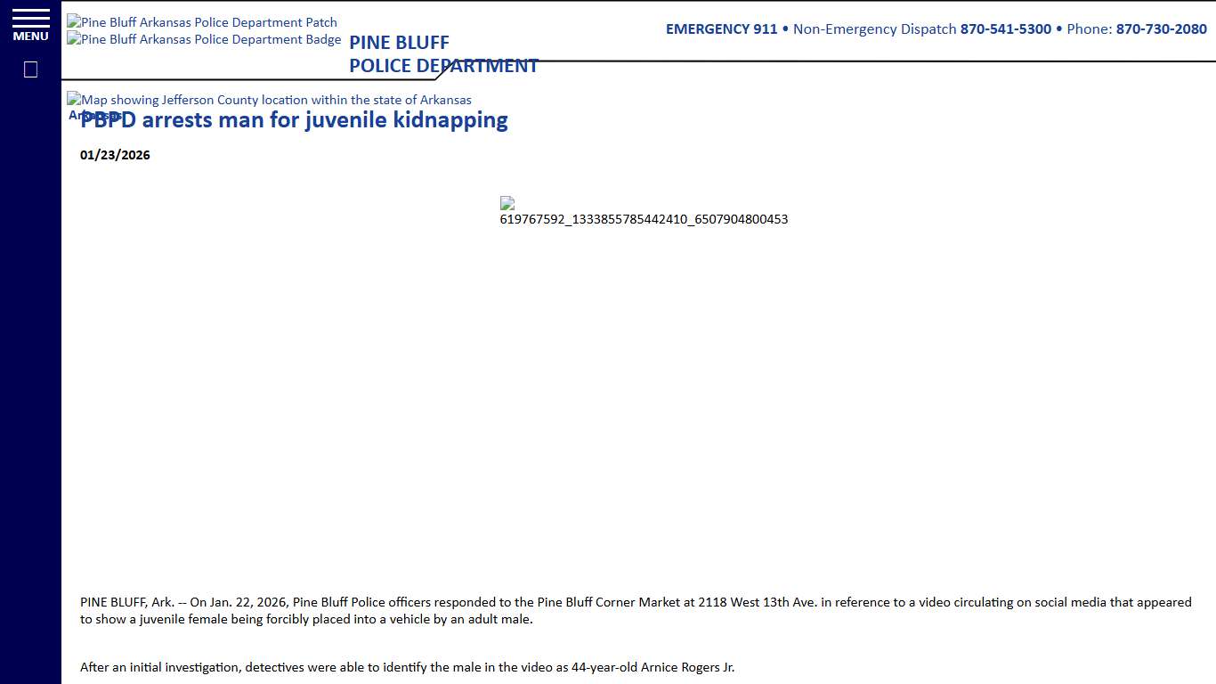 PBPD arrests man for juvenile kidnapping (01/23/2026) - Press Releases - Pine Bluff Arkansas Police Department